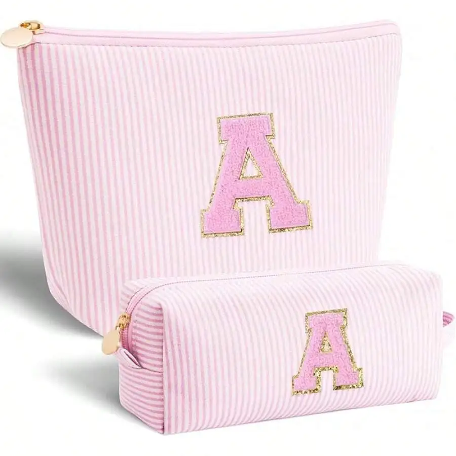 

Pink Striped Makeup Bag Set With Letter A Applique Cosmetic Toiletry Travel Pouch For Women