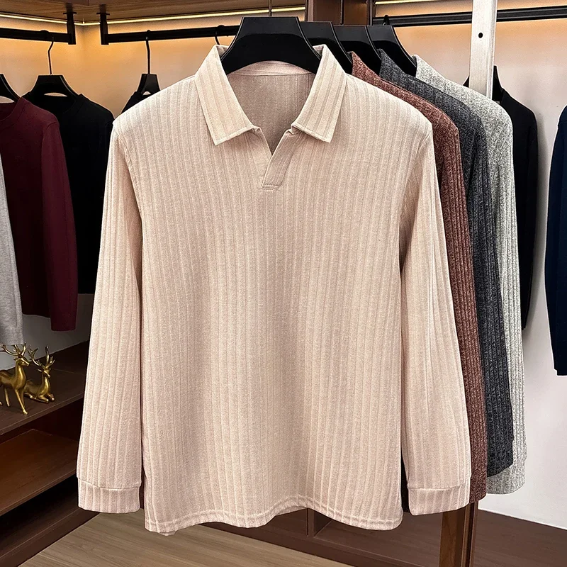 Men Polo Collar V‑Neck Knit Sweater Vertical Ribbed Texture Long Sleeve Soft Stretch Slim Fit Winter Casual Business Mens Tops