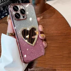 Luxury Gradient Glitter Love Heart Mirror Phone Case For iPhone 15 14 13 12 11 Pro Max Mini XR X XS Max 7 8 Plus Silicone Cover