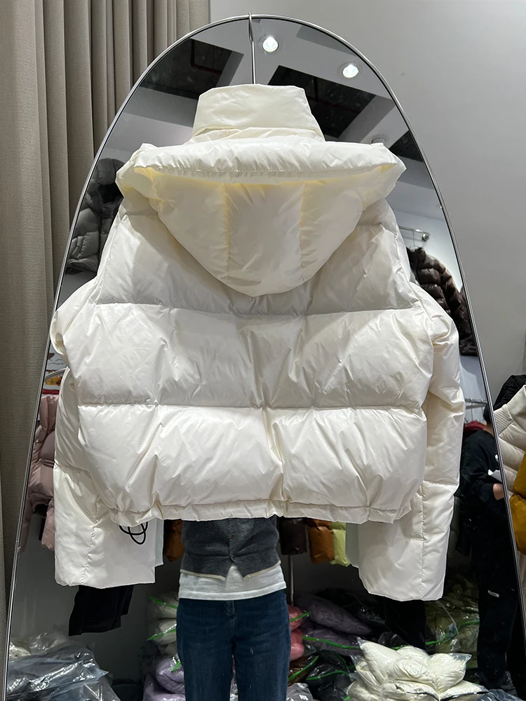 New Fashion Winter Keep Warm 90% White Duck Down Coat Women Contrast Color Hooded Quilting Bread Style Loose Thick Jacket