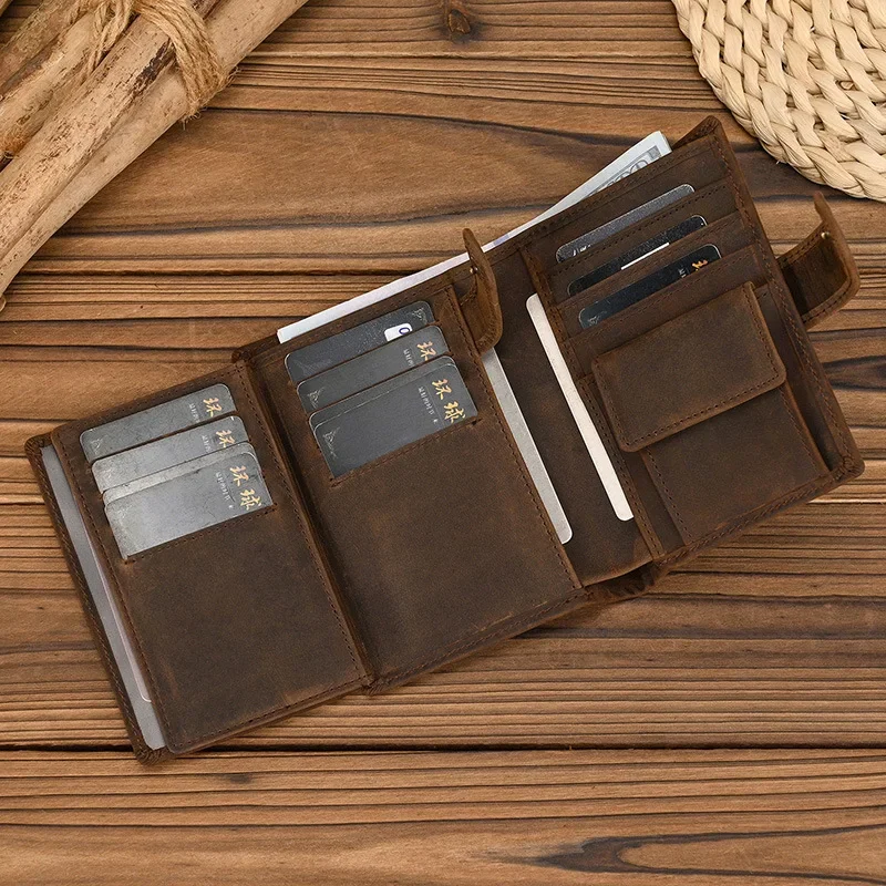 

Vintage Crazy Horse Leather Short Trifold Wallet with Coin Pocket and Photo Holder for Men WT1187