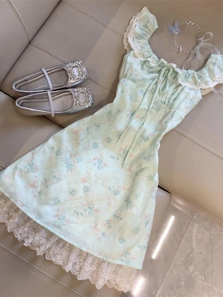 Fashion Elegant Warm Sling Print Dress Vintage Sweet Lace Up Sleeveless Green A-line Dresses Summer Chic Slim Thin New Outfits
