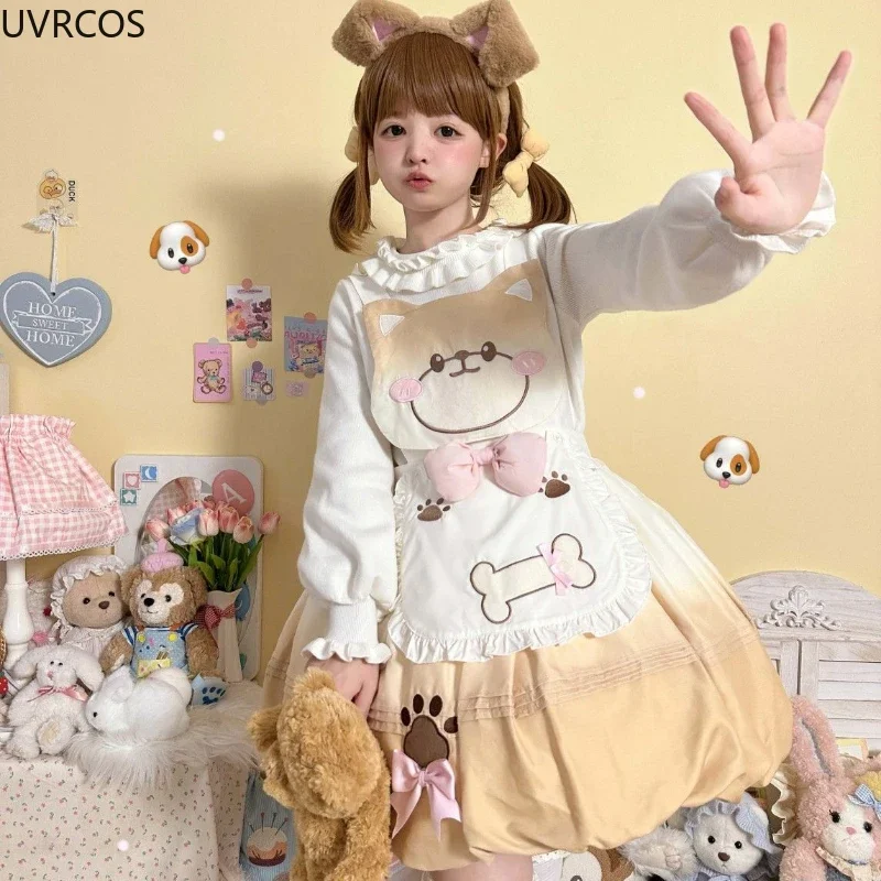 Japonês kawaii lolita vestido feminino bonito bcartoon cão bordado arco vestidos de princesa doce meninas y2k sem mangas festa mini vestido