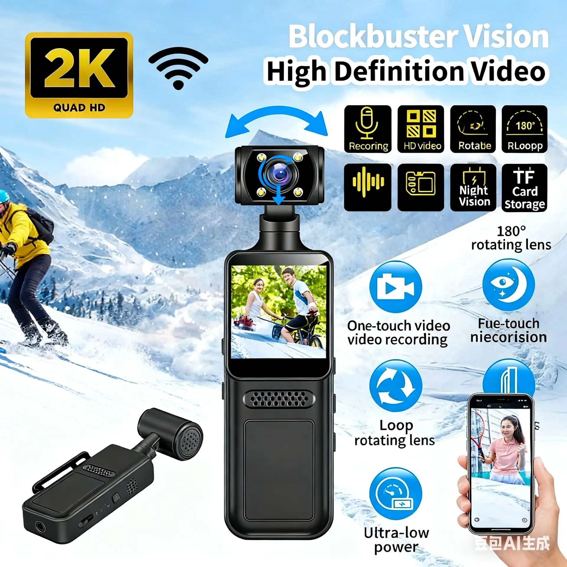 

Мини-экшн-камера 2K, Wi-Fi, полноцветное ночное видение 180 ° Вращающаяся спортивная IP-видеокамера для шлема, видеорегистратор для водителя велосипеда
