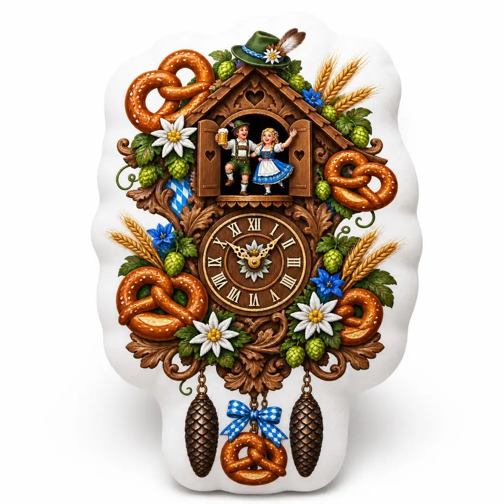 Oktoberfest Cuckoo Clock Throw Pillow Bavarian Festival Cushion with Pretzel Folk Art Shaped Stuffed Pillow Sofa Home Decor