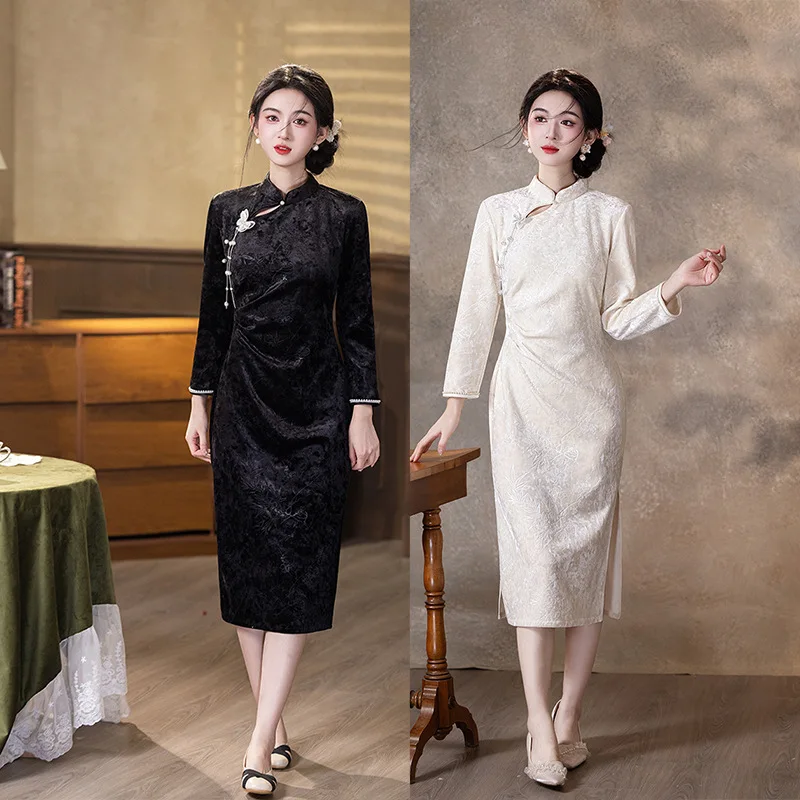 New Chinese Style Improved Cheongsam 2026 New Autumn Long Sleeved Young Style Elegant Women Long Qipao Dress