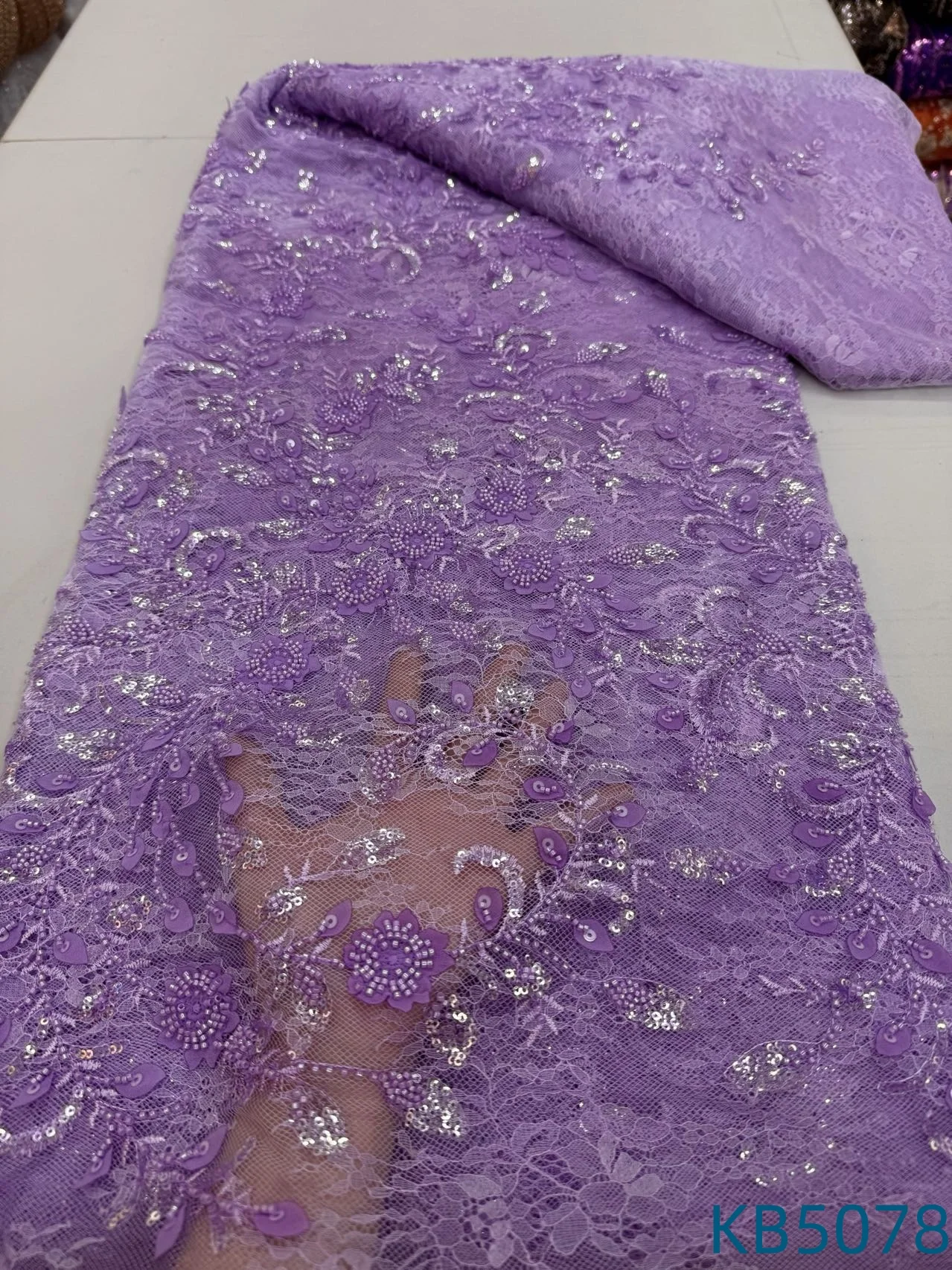 

Purple Lilac Sequins Lace Fabrics African Lace Fabric High Quality 2025 Beaded French Mesh Embroidered Lace For Sewing KB5078