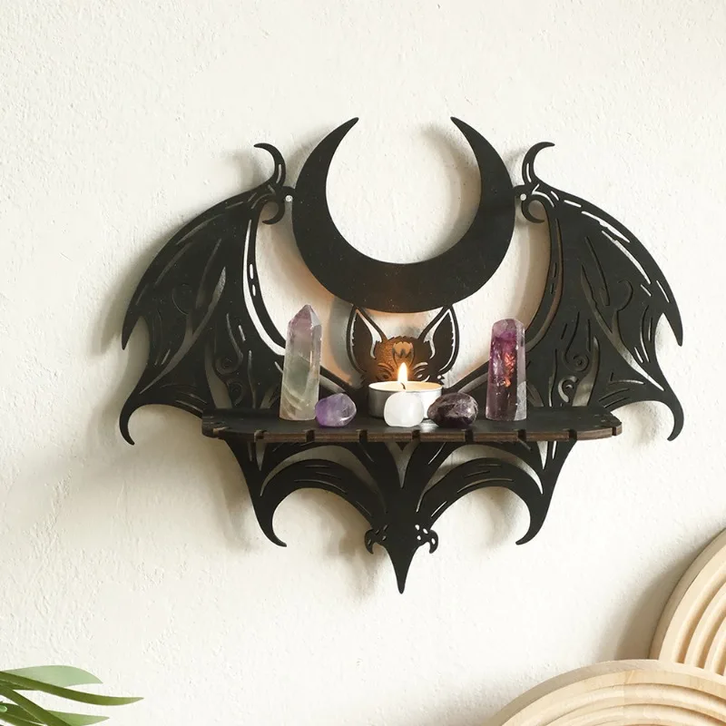 

1pcs Halloween Wooden Bat Crystal Wall Shelf Stylish Home Bedroom Decor Storage Rack for Wall Mount Crystal Wall Organizer