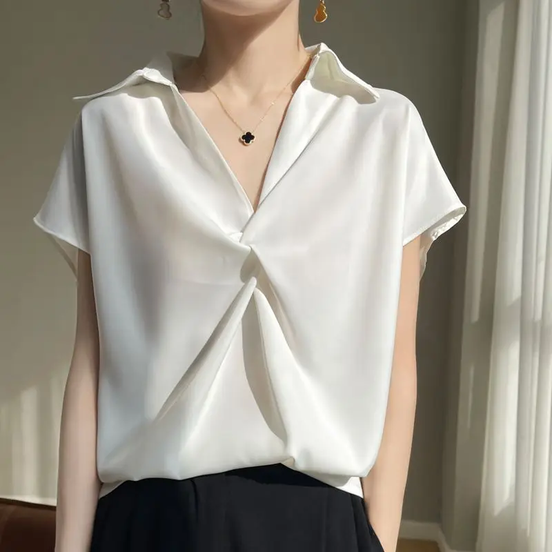 Quality Women's Ice Silk Satin Shirt Loose White T-shirt Turn Down Neck Loose Blouse Basic Short Sleeve Tops Summer Female Tee