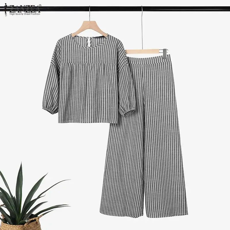 

Women Summer Striped Tracksuit 2 Piece Sets 2026 ZANZEA Short Sleeve Blouse Pant Sets Elegant Work Tracksuit Wide Leg Trousers