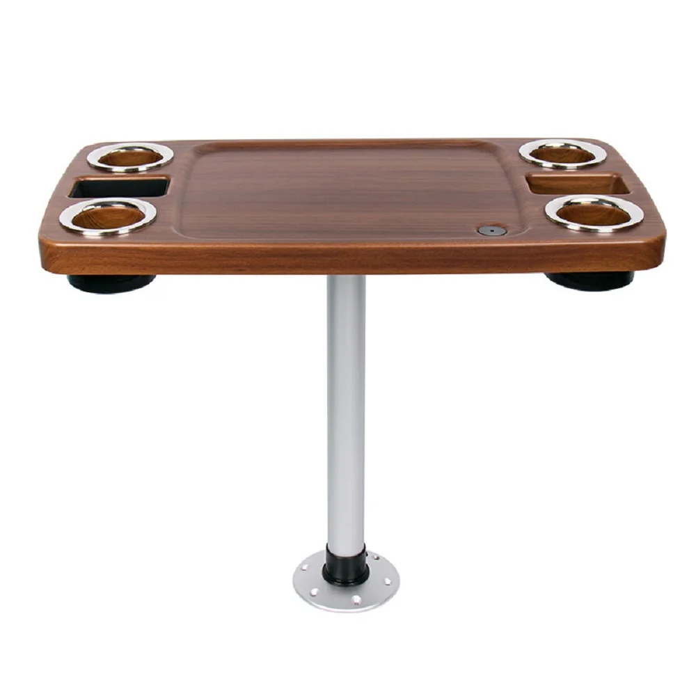 Rotatable Detachable RV Yacht Table with Aluminum Leg Bracket, Coffee Bar Table with Cup Holders for Marine, Camper Van