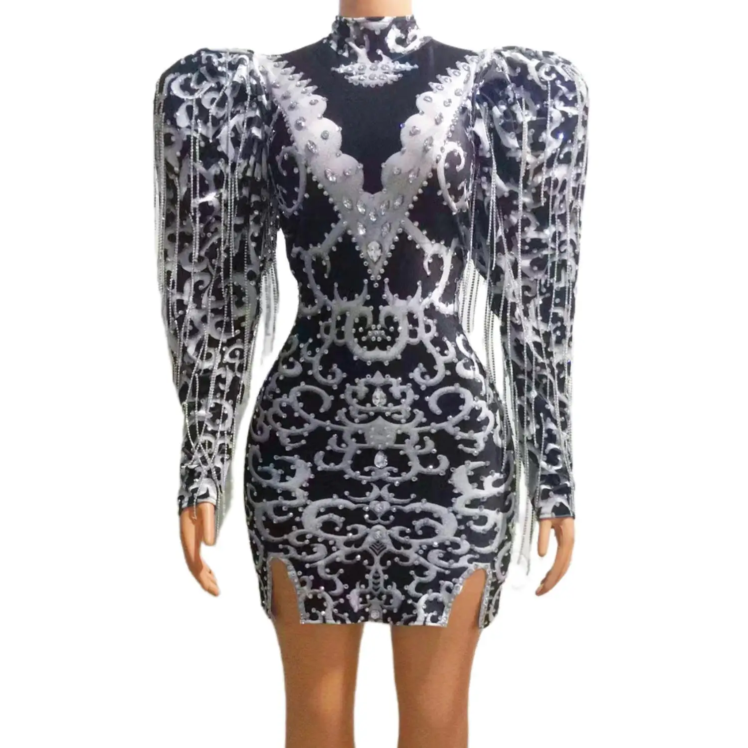 

Huaqiangu Women Black Silver Baroque Print Puff Sleeve Mini Dress High Neck Rhinestone Tassel Bodycon Party Clubwear Prom Gowns