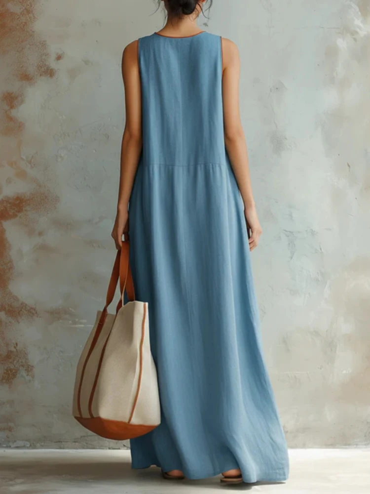 Women Boho Sleeveless Maxi Dress Deep V Neck Flowy Long Tank Dress Summer Casual A-line Loose Color Blocking Pockets Dresses - view 6