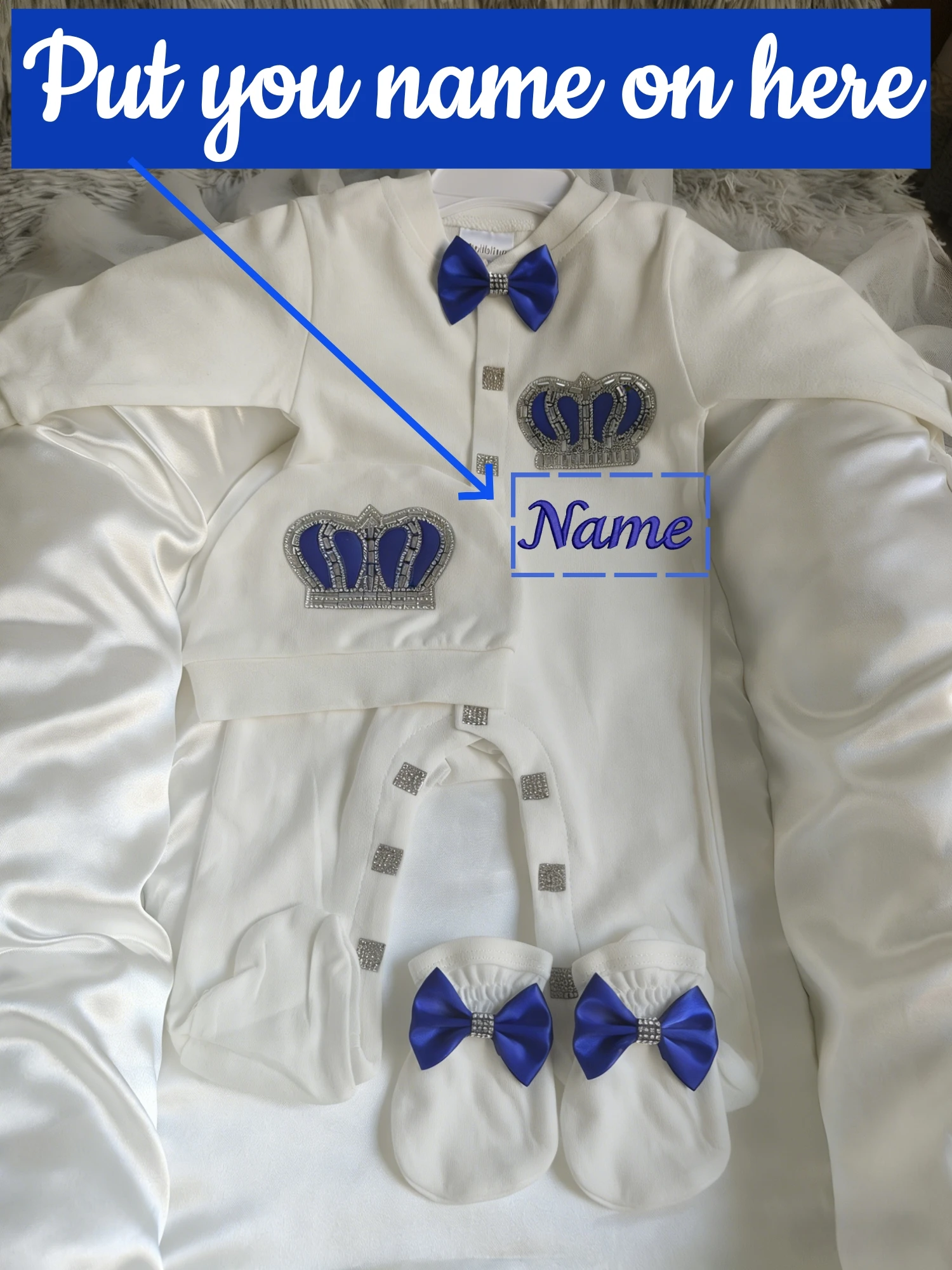 Royal Blue Baby Boy Newborn Jewels Layette 3 Pieces Gift Set Embroidery Name Perosnalized Gift Crown Romper Jumpsuit Clothing