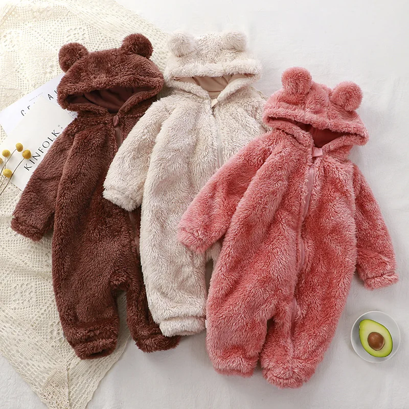 

Baby Jumpsuit Winter Newborn Warm Climbing Suit Thicken Plush Overalls Toddler Solid Color Pajamas Hooded Long Sleeve Rompers