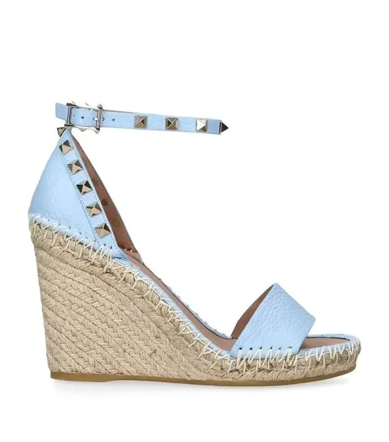 Party Double Leather Wedge Espadrille Sandals Rock Stud High Heels Pumps Ankle Strap New Designer Summer Elegant Shoes for Women