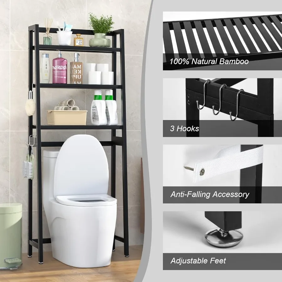 Portaoggetti sopra il WC in bambù, organizer da bagno a 3 livelli, salvaspazio indipendente con 3 ganci, nero, ideale per piccoli bagni M