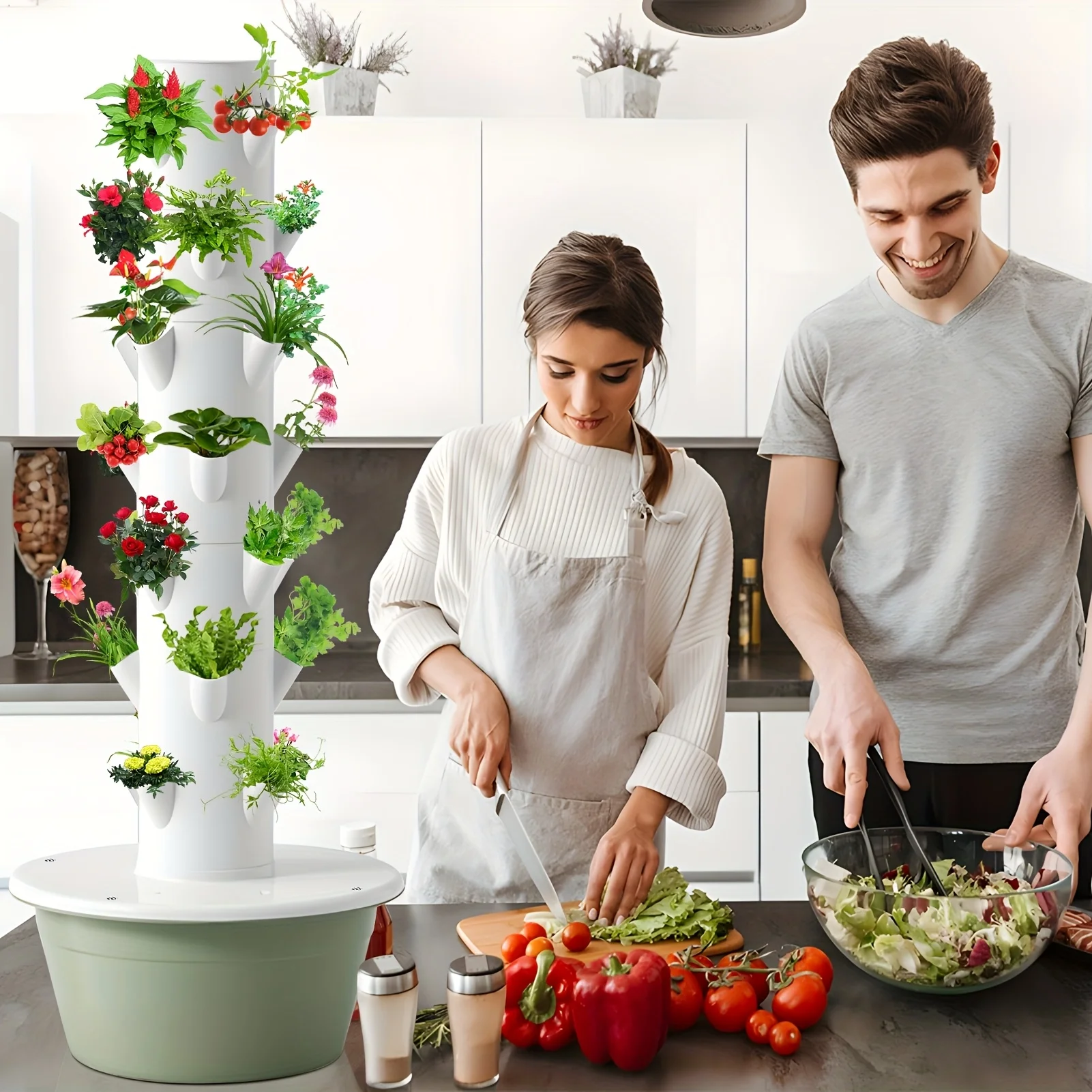 برج مائي عمودي، نظام مائي داخلي مع خزان مياه، مجموعة زراعة الخضروات مكونة من 7 طبقات و28 فتحة، برج إنتاج مائي للبستنة العمودية، مناسب للاستخدام المنزلي والخارجي #3