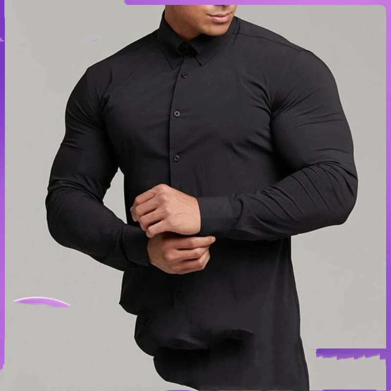 

Fashion Shirt Men's Slim Thin Lapel Long-sleeved Top Anti-wrinkle-free Iron Versatile Solid Color Cardigan