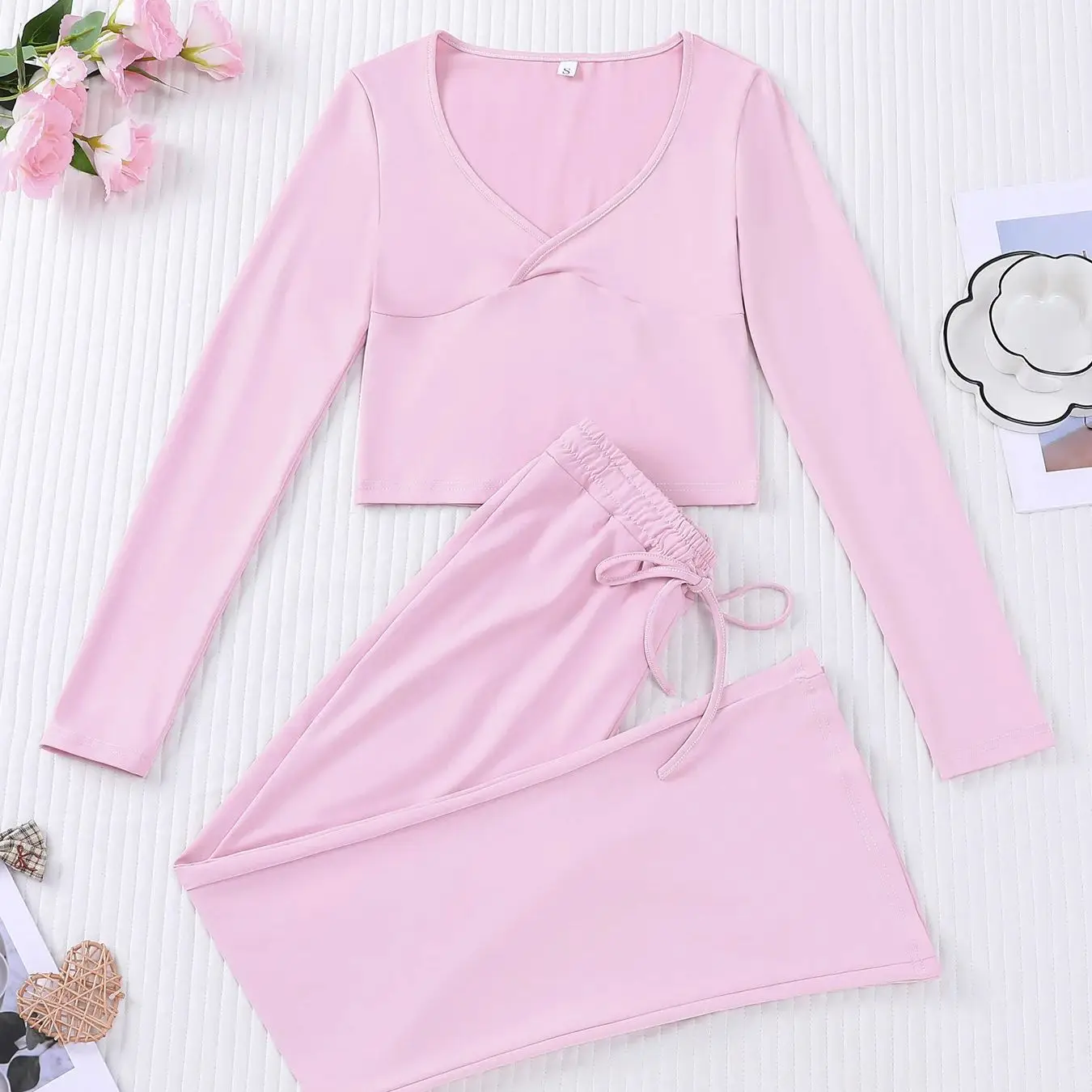 Conjunto de Dos Piezas de Ropa de Dormir para Mujer, Estilo Pure Desire, Color Sólido Simple, Cuello en V, Manga Larga, Transpirable, Anti-Sudor