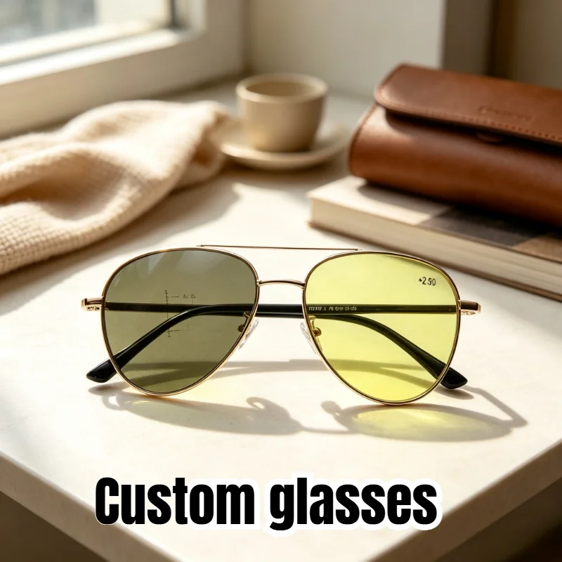 Custom Photochromic Multifocal Glasses Pilot Double‑Bridge Gold Metal Frame Blue Light Blocking Customized Night Vision Glasses