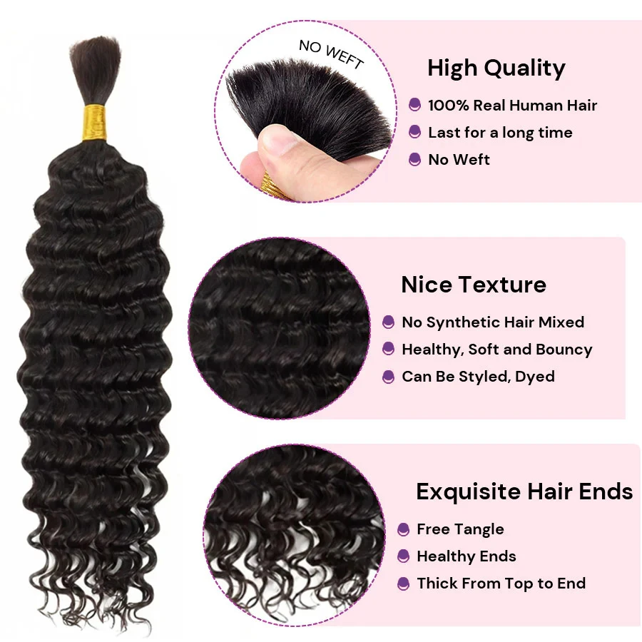 Human Braiding Hair 3 Bundles 150G Deep Wave Bulk Human Hair For Braiding No Weft 10A Braiding Hair Bulk Curly For Boho Braids