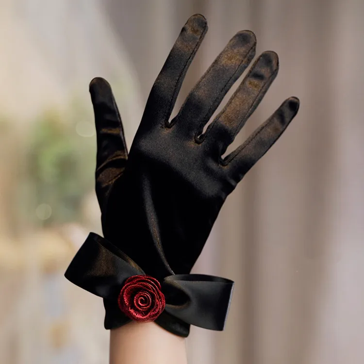 Women's Elegant Flower Bow Black Satin Glove Female Spring Summer Vintage Sunscreen Driving Photograph Party Glove R2264