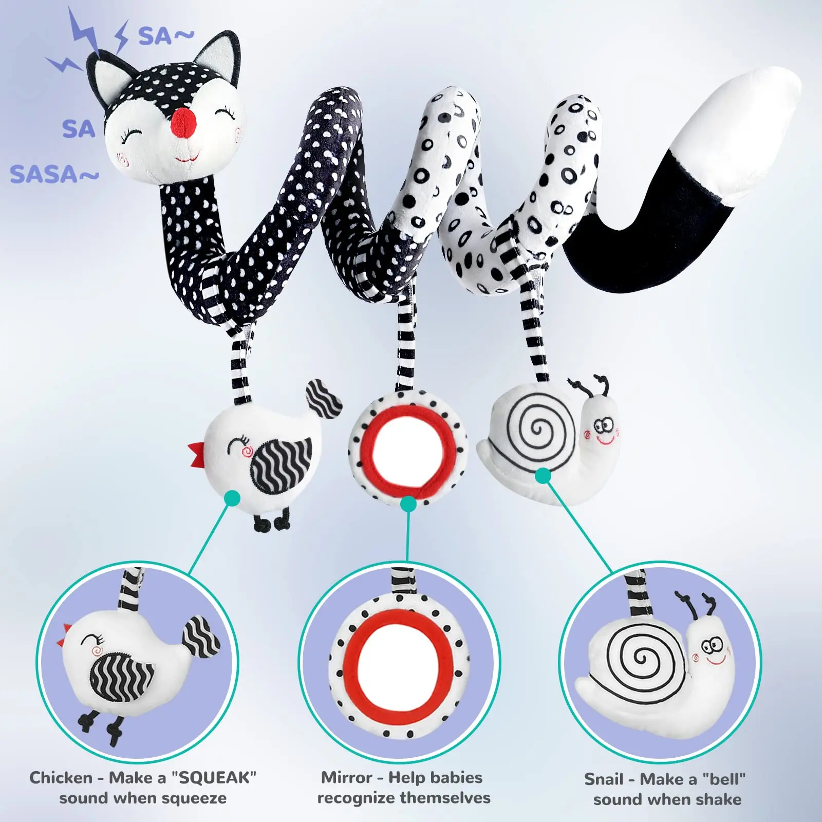 Spiral Pluszowe zabawki dla niemowląt Czarno-biała zabawka do wózka Rozciągliwa i spiralna zabawka do fotelika samochodowego Wiszące grzechotki do łóżeczka Mobilne