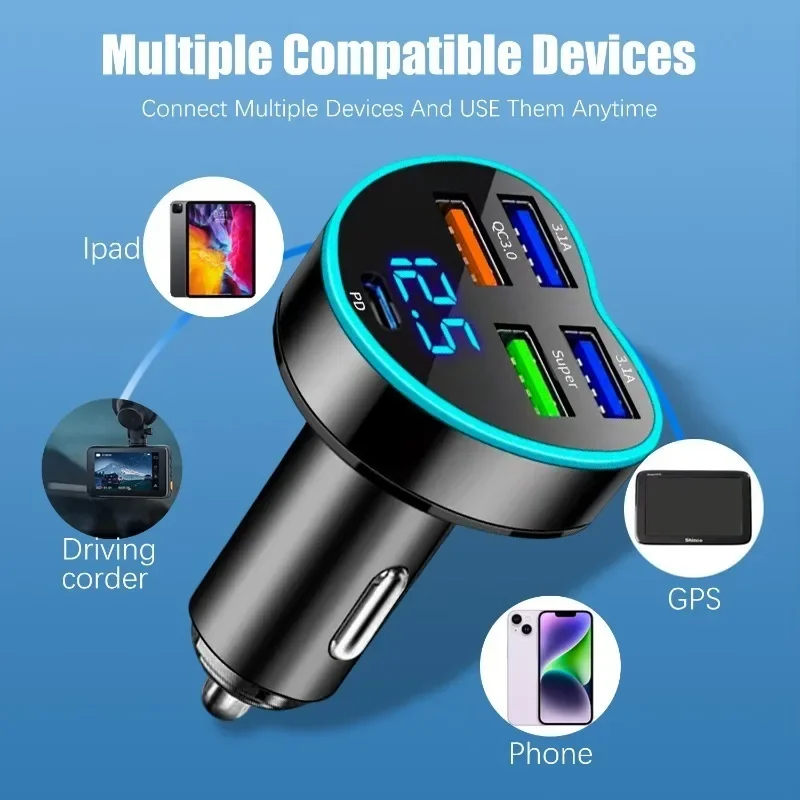 5In1 Heart Shape Digital Display Car Charger PD+4USB Super Fast Charging Phone Adapter Socket Cigarette Lighter Auto Accessories