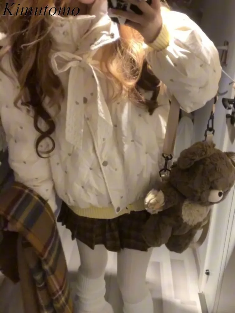 

Kimutomo Women Parkas Preppy Style Heart Polka Dot Bow Outwear Autumn Winter Padded Jackets Sweet Fashion Female Coats