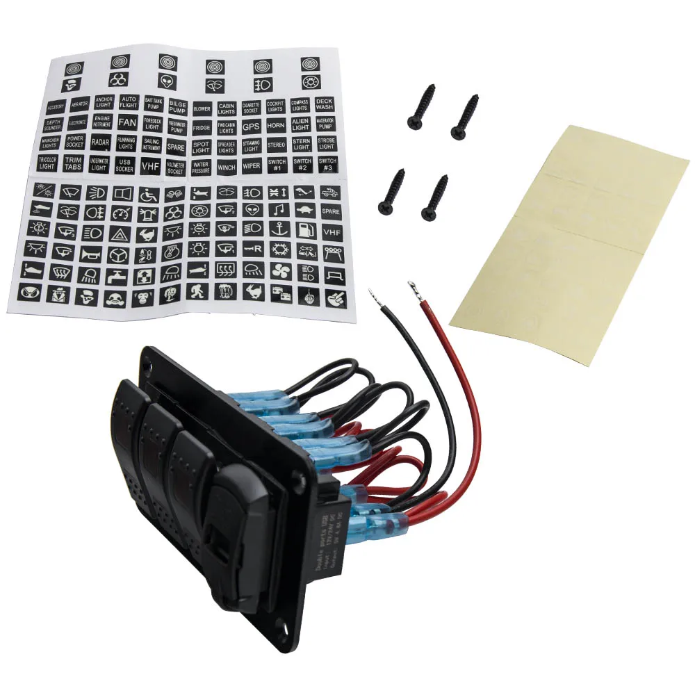 

4-Gang Red LED Toggle Rocker Switch Panel with USB for Car Boat Marine RV Truck