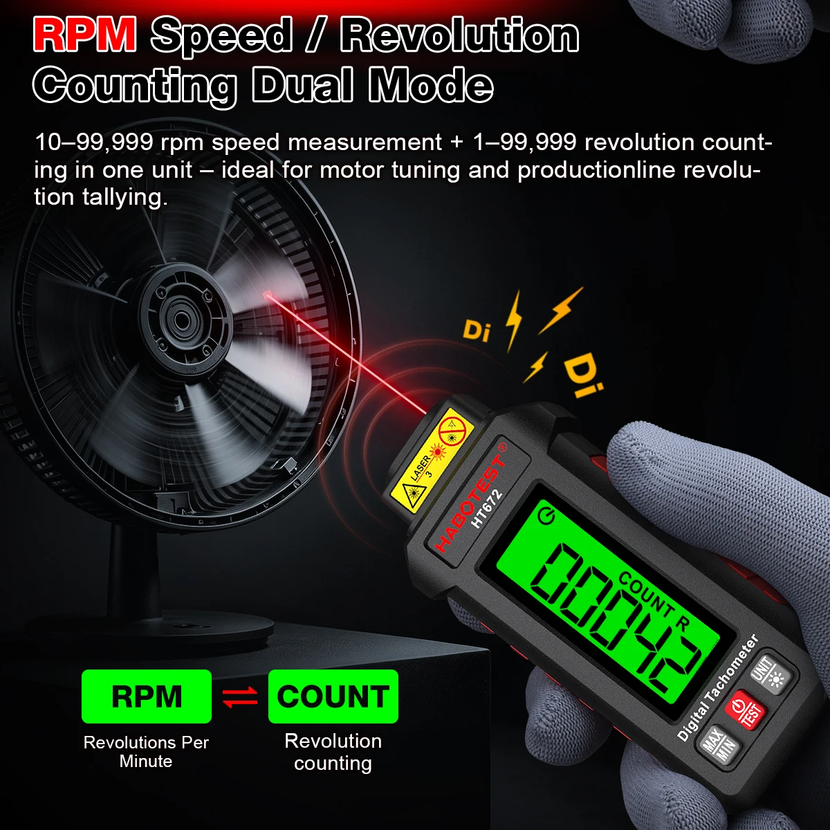 HABOTEST HT672 Mini Digitaler Laser-Drehzahlmesser Berührungsloser Drehzahlmesser Drehzahlbereich 10-99999RPM Drehzahlmesser Kilometerzähler Hintergrundbeleuchtung – Detail 9