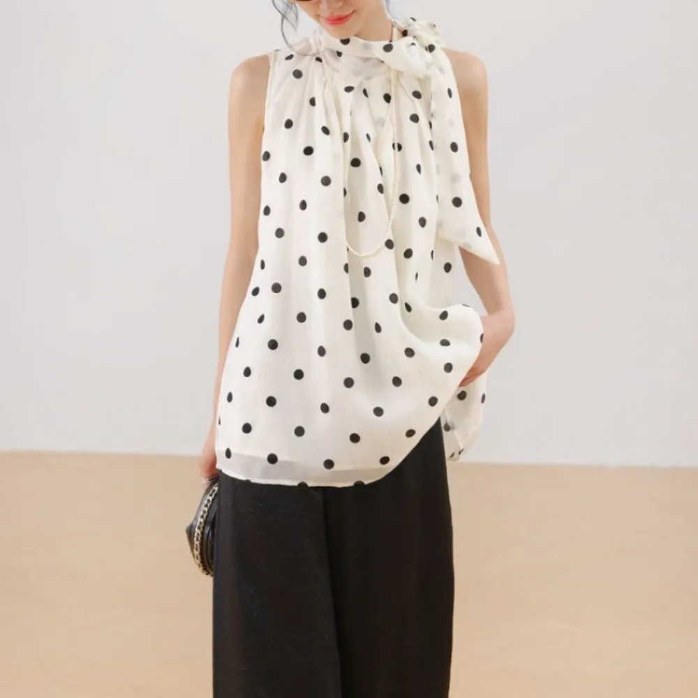

Нежная женская блузка в стиле Y2K с бантом и принтом в горошек, ретро-французский стиль, шифоновая, весна-лето