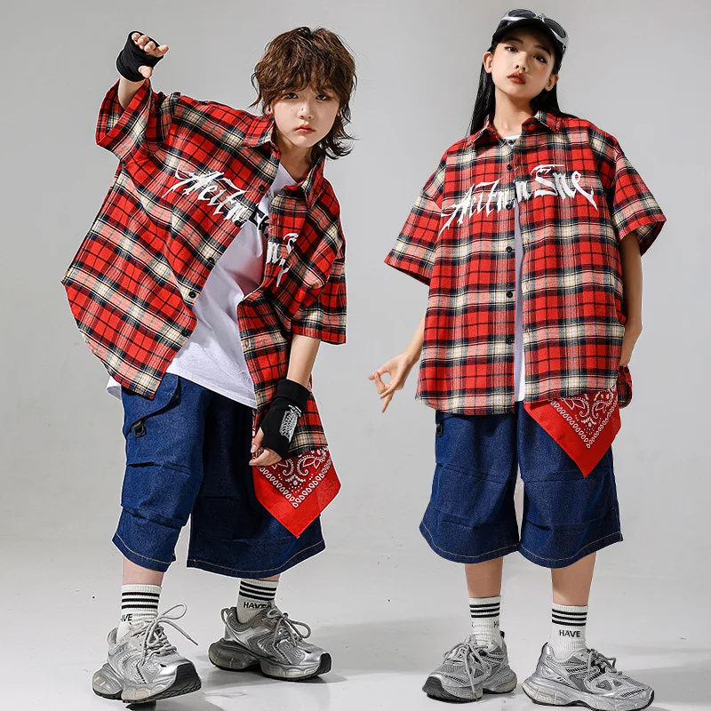 Vêtements Kpop Hip Hop pour enfants, chemise ample à carreaux rouges, Streetwear bleu, short en Denim pour filles et garçons, Costume de danse Jazz