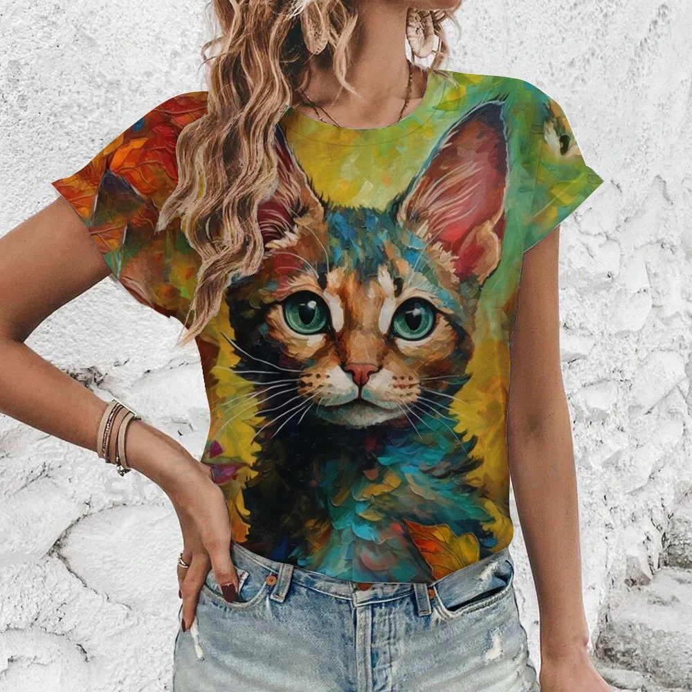 Elegant Short Sleeved T-Shirt Women\'s T-Shirt Oversized T-Shirt Retro Style Cats Pattern Print T-Shirt Fashion Leisure T-Shirt