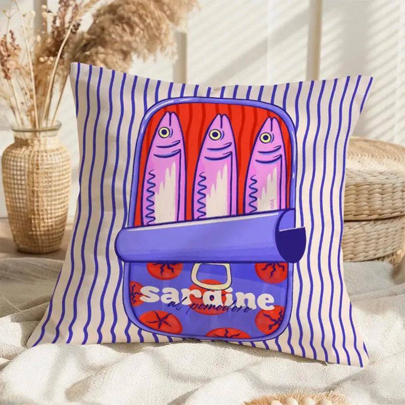 Funny Sardine Tin Pillowcase, Cute Cartoon Fish Pattern Cushion Cover, Blue Striped Quirky Kitchen Decor, Novelty Home Gift