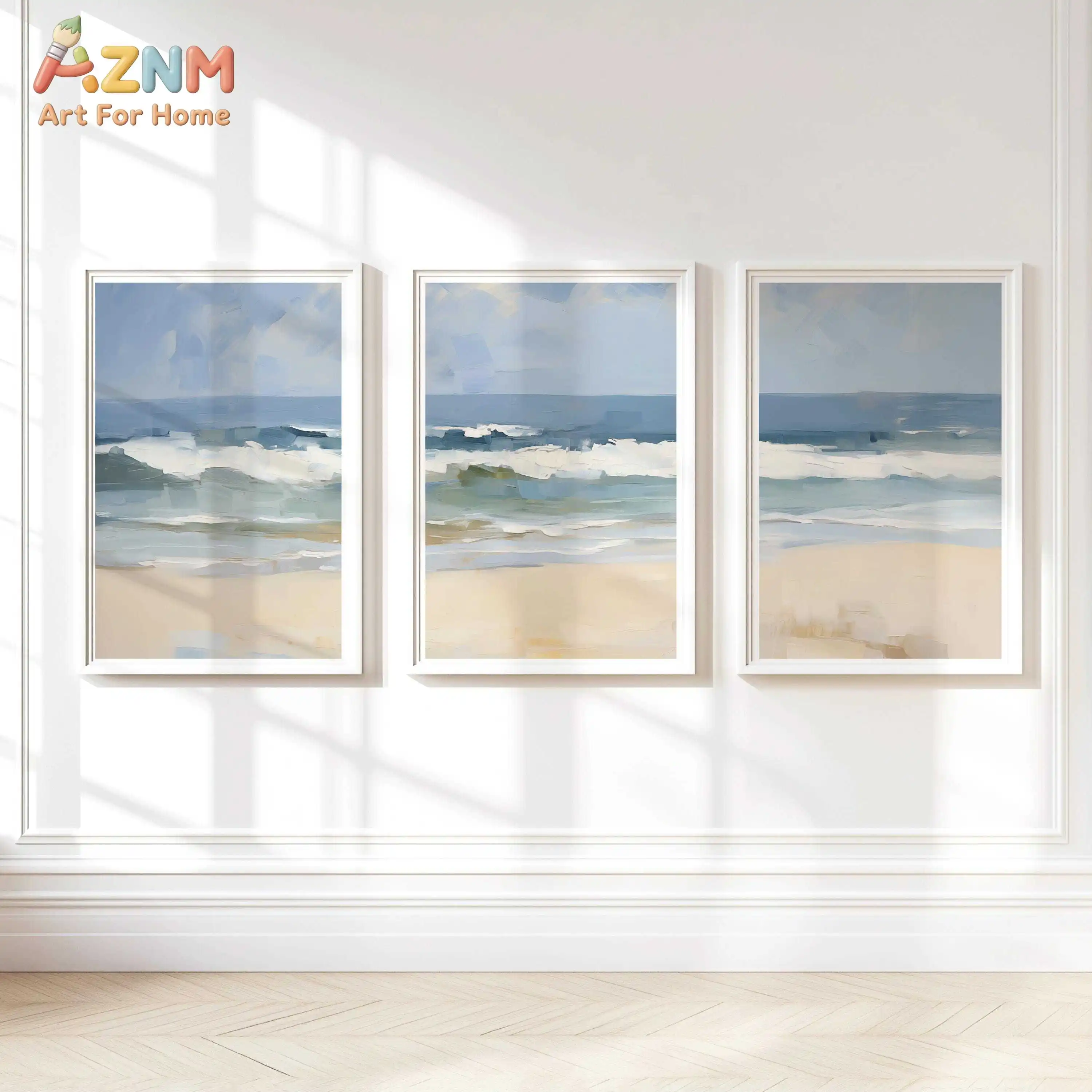 3pcs AZNM Blue Sea Wave Beach Landscape Canvas Wall Art, Minimalist Soft Tone Coastal Abstract Oil Painting Poster, Calm Ocean S