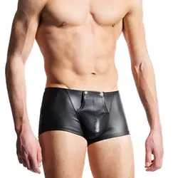 Sexy Open Bulge Pouch Men\'s Boxers Underwear Faux Leather Shorts Underpants