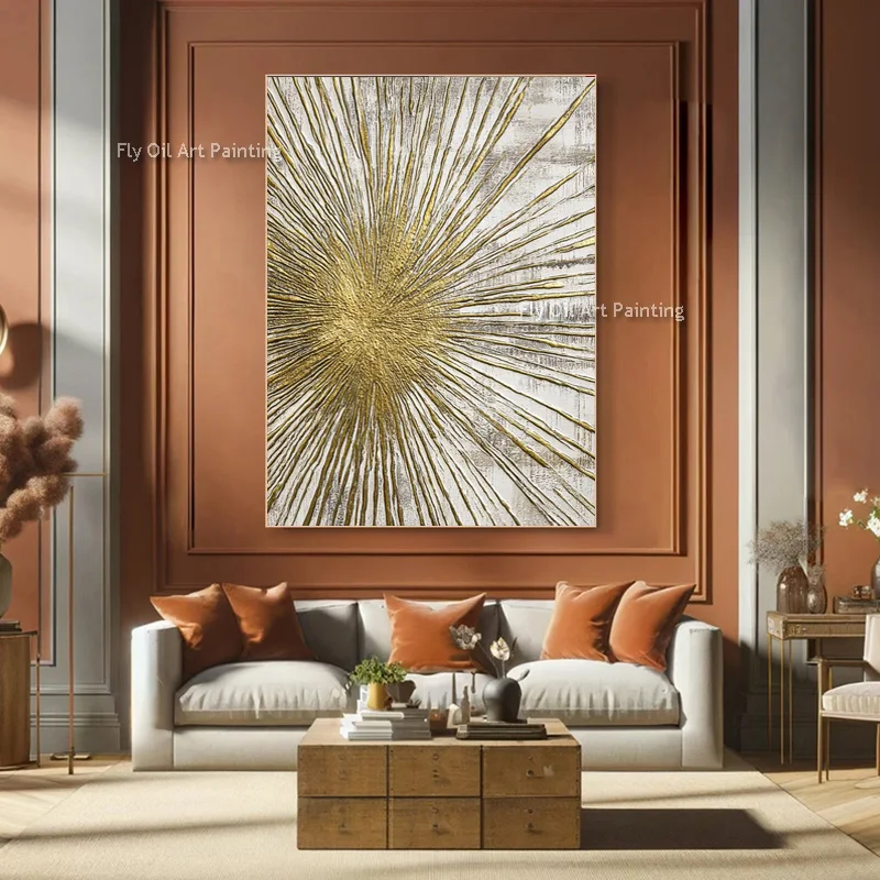 Fashional Design Golden Yellow Texture Thick Canvas Artwork Handpainted Abstract New Popular Design Beige Gold Oil Painting