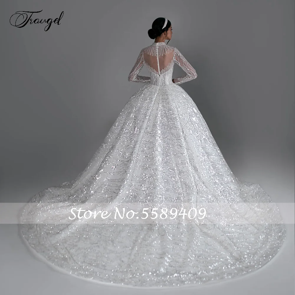 Abito da ballo personalizzato Splendidi abiti da sposa Collo alto Manica lunga Vestido De Novia Pizzo Paillettes Lucido Royal Robe De Mariee