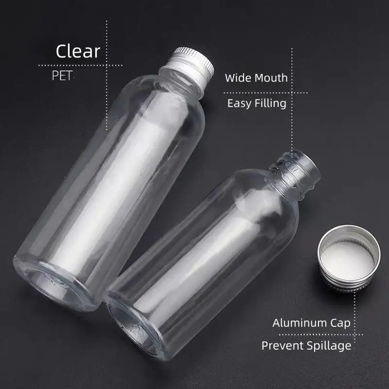 50 Stück Plastikflaschen mit Aluminiumkappe, 100 ml, 50 ml, 30 ml, Probenfläschchen, transparent, tragbar, Reise-Kosmetikbehälter für Lotion