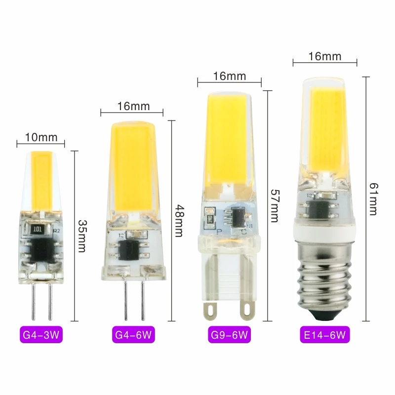 Imagem -02 - Lâmpada Led de Halogênio Lâmpada Led Cob Spotlight Candelabro Frio Quente Branco g4 g9 E14 3w 6w ac dc 12v 220v Lote 4pc