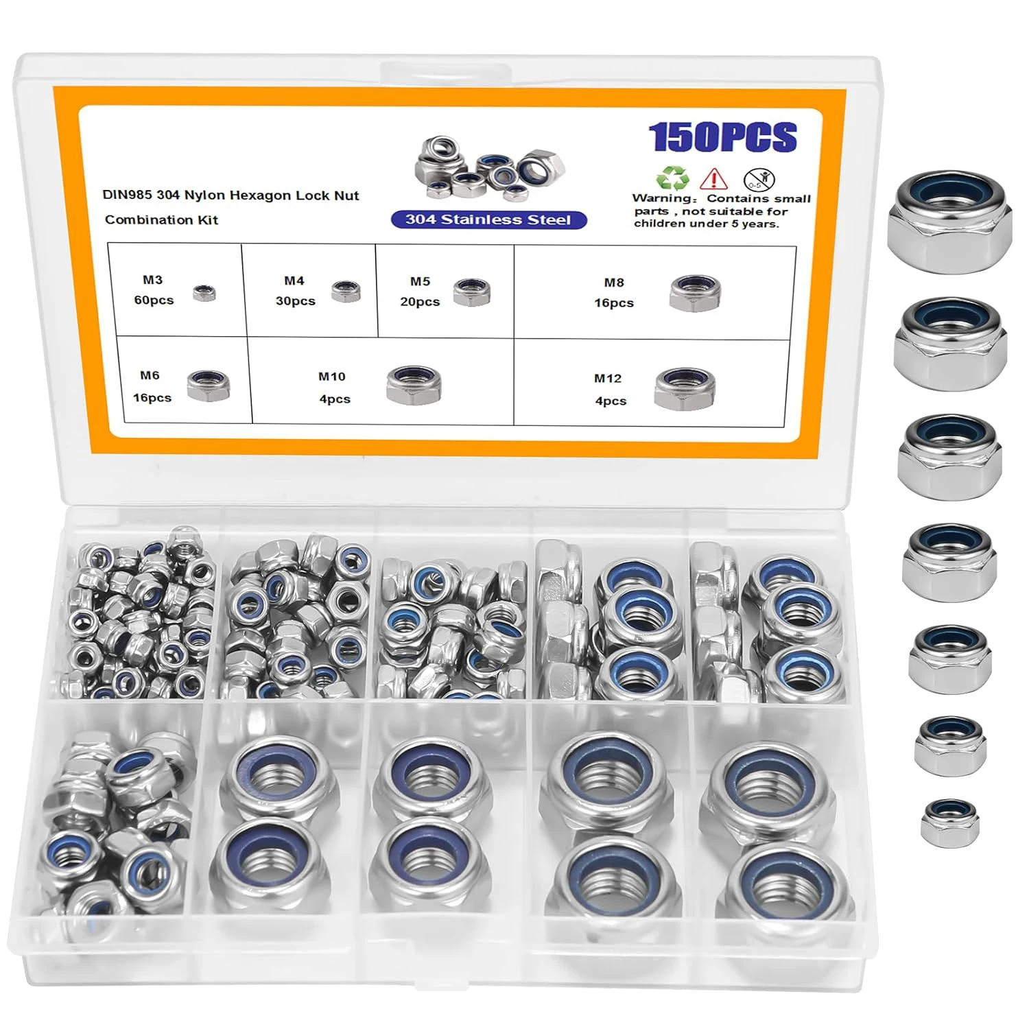 150pcs Lock Nuts Assortment Kit,304 Stainless Steel Self Clinching Nuts,M3, M4, M5, M6, M8, M10, M12 7sizes Metric Nylon Insert