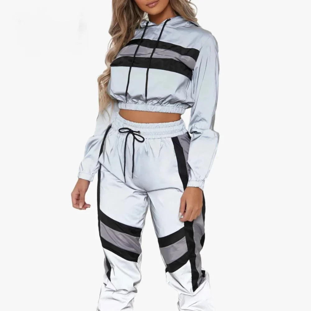 

Women's 2 Piece Set Tracksuits Reflection Long Sleeve Crop Top and Pants Fashion Hoodies Jogger Pants Female Loose Sets Femme