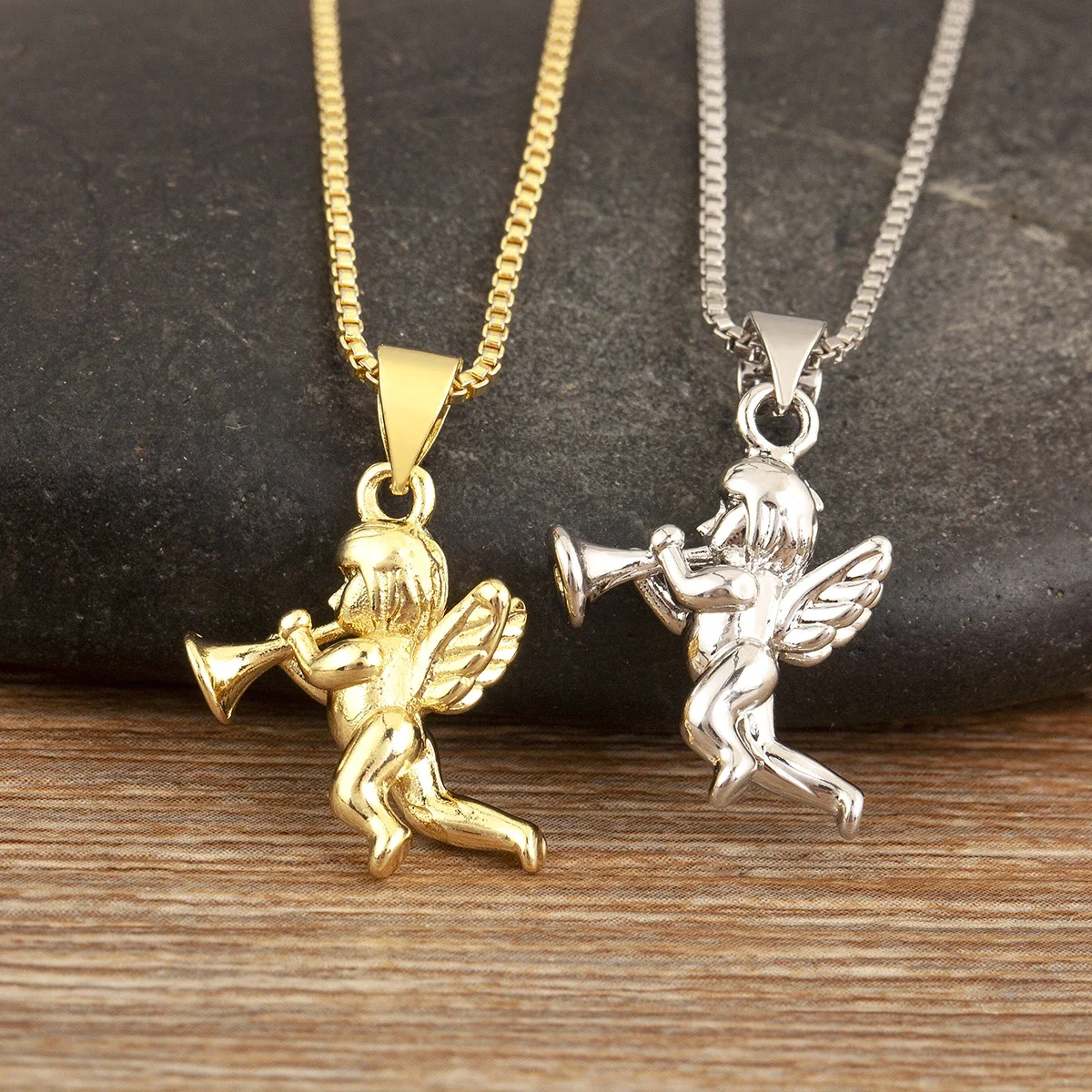 Nidin New Retro Little Angel Blowing Trumpet Shape Copper Pendant Necklace For Women Men Hip-Hop Style Clavicle Chain Jewelry