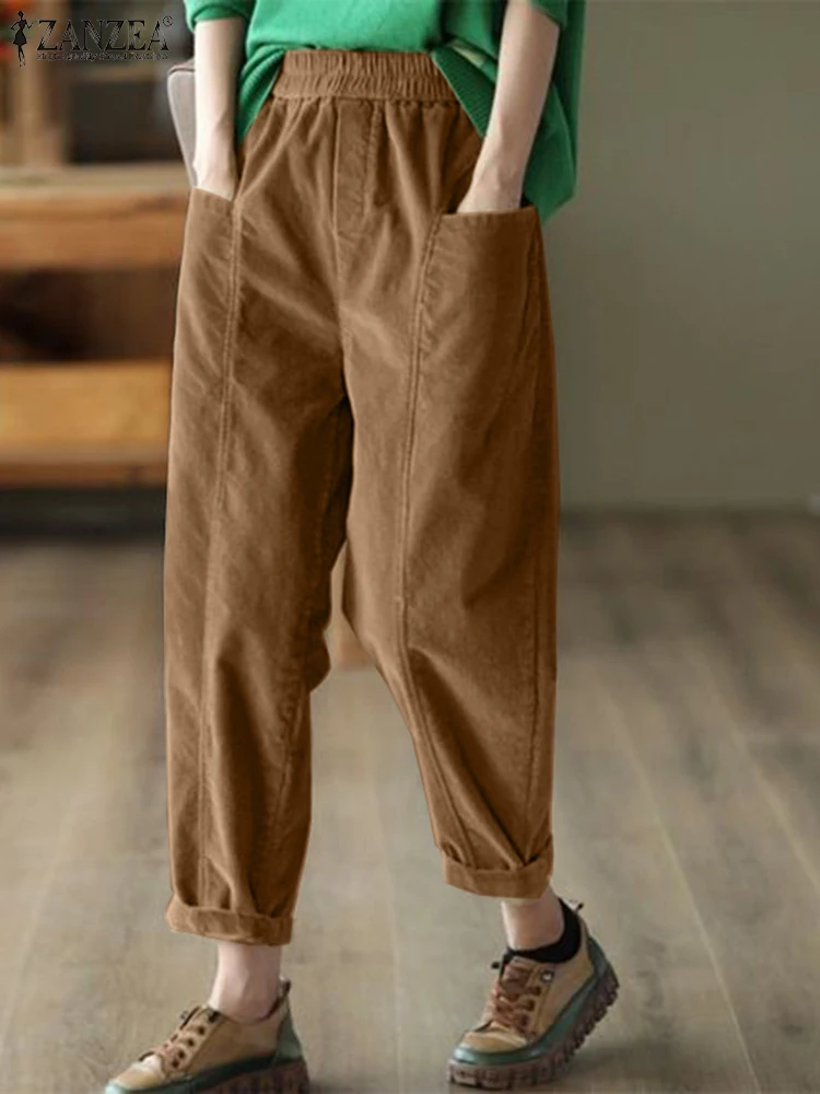 

ZANZEA Long Pants 2024 Summer Women Elastic Waist Pockets Pantalons Casual Loose Harem Trousers Fashion Solid Color Pants Femme