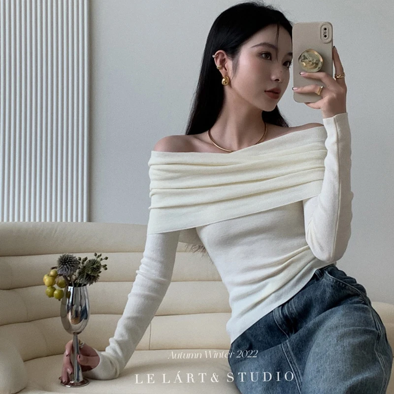 Y2k Sweet Women Sweaters Pullovers Korean Knitted Slim Off Shoulder Female Casual Tops Autumn Fashion New Office Ladie Sweater