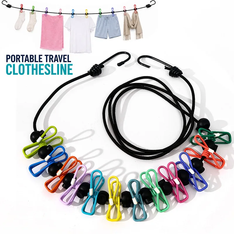 Varal de roupas portátil retrátil para viagem com 12 prendedores para secagem de roupas em ambientes internos, acessórios para camping ao ar livre.