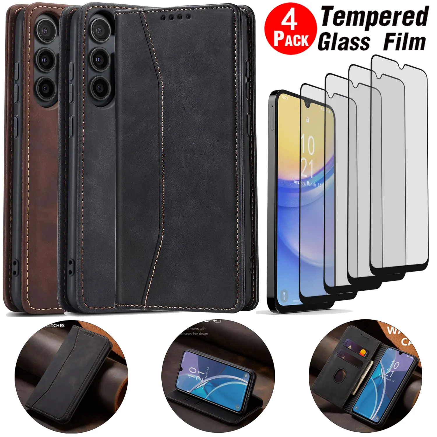 

Для Samsung Galaxy A15 чехол-кошелек из искусственной кожи с откидной подставкой + 4 шт., прозрачное закаленное стекло, защитная пленка для экрана