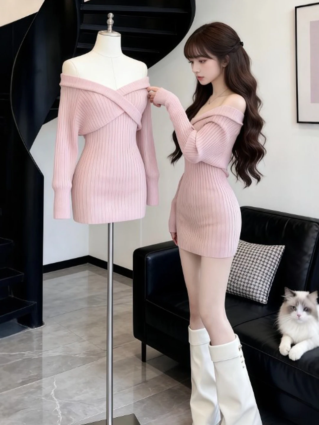 

Sexy Spicy Girl Pure Desire One-oulder Bodycon ort Skirt Unique Knitted Dr Spring 2026 High Waist Cotton Blend Long Sl...